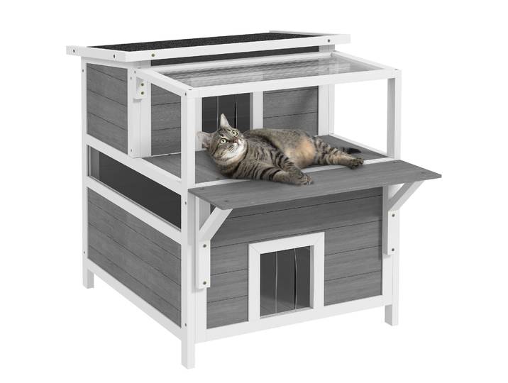 PawHut PawHut Maison pour chats 2 niveaux avec balcon abrité, toit ouvrable, extérieur, intérieur, gris clair
