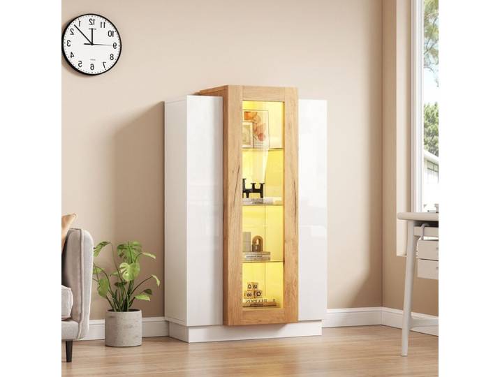 Vitrine 74x40x120 cm - Tiroir et 3 Portes Transparentes Étagères Verre LED via App - Panneau de Particules - Blanc