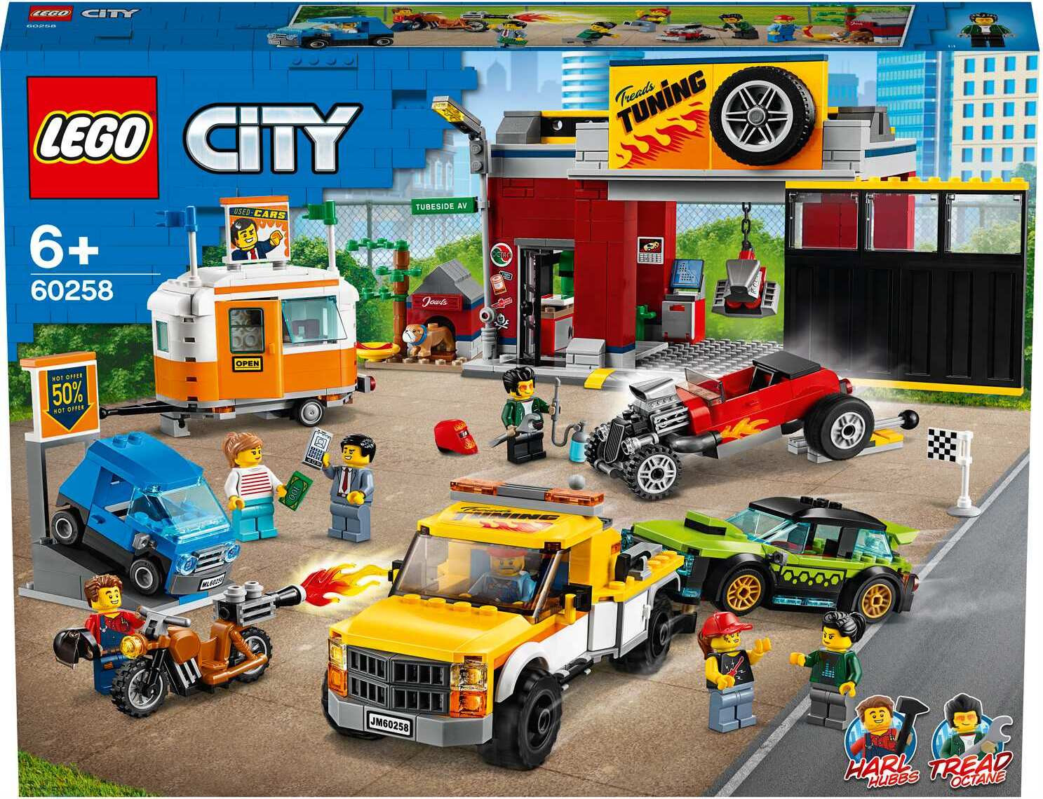 LEGO City 60258 Tuningwerkplaats met speelgoedauto's, sleepwagen, hot rod, woontrailer en motorfiets voor kinderen
