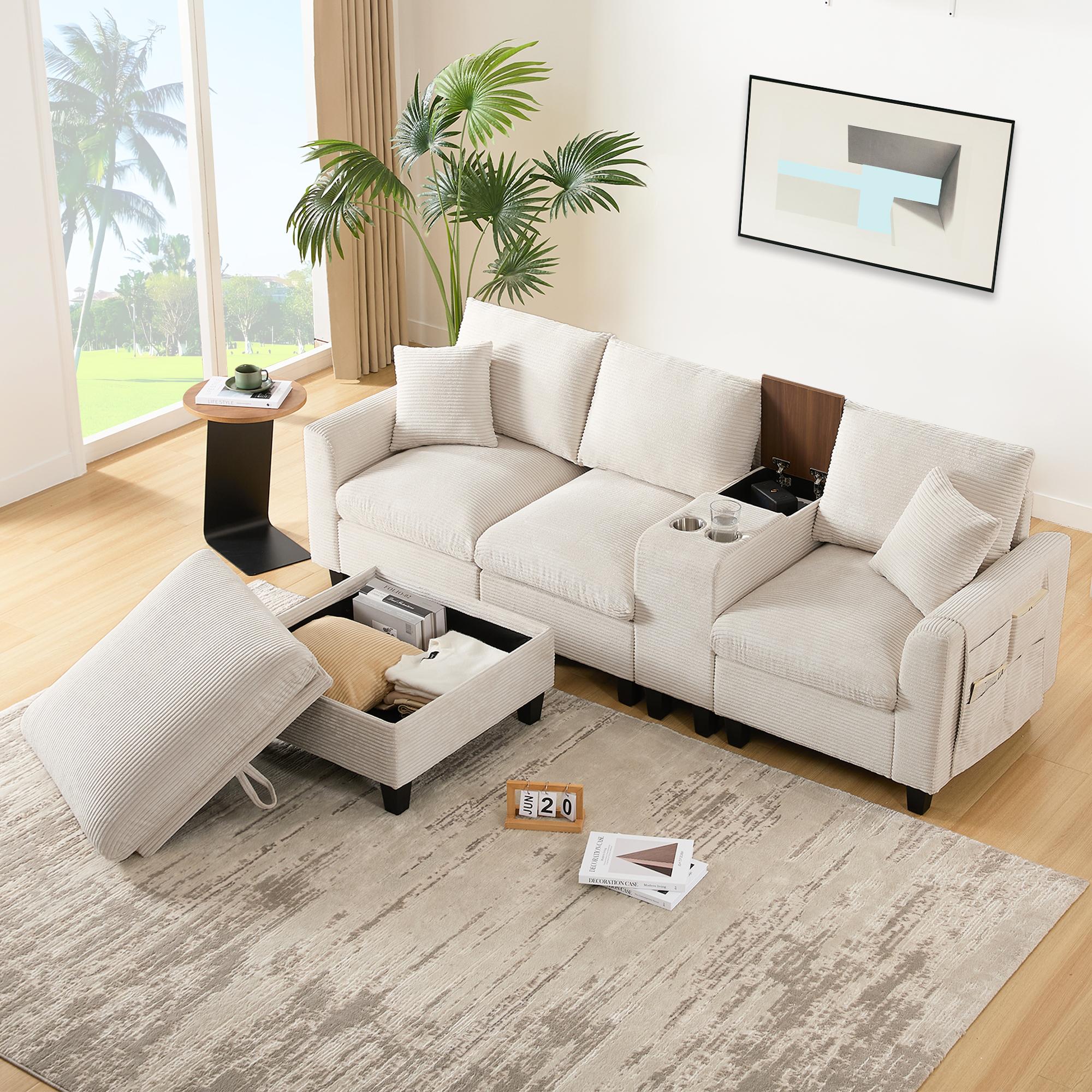 Fortuna Lai Modern L-Form Ecksofa, Umwandelbares Sofa mit Konsole, 2 Becherhaltern, USB Ladeanschlüssen, Armlehnen Aufbewahrungstasche und Kissen, Cord Stoff, Komfort Sofa für Wohnzimmer, Apartment, Kleine Räume