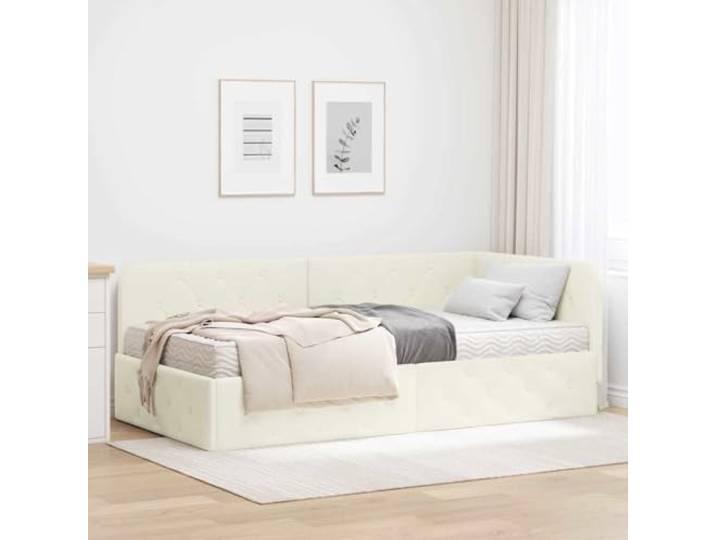 WDGJJFECNMUEHI Samt Eckbettgestell L Design Schlafsofa Creme 100 x 200 cm Eckbettgestell mit Matratze Creme 100x200 cm Samt L-Form Schlafsofa Lattenrost Multifunktionsbett Gästebett