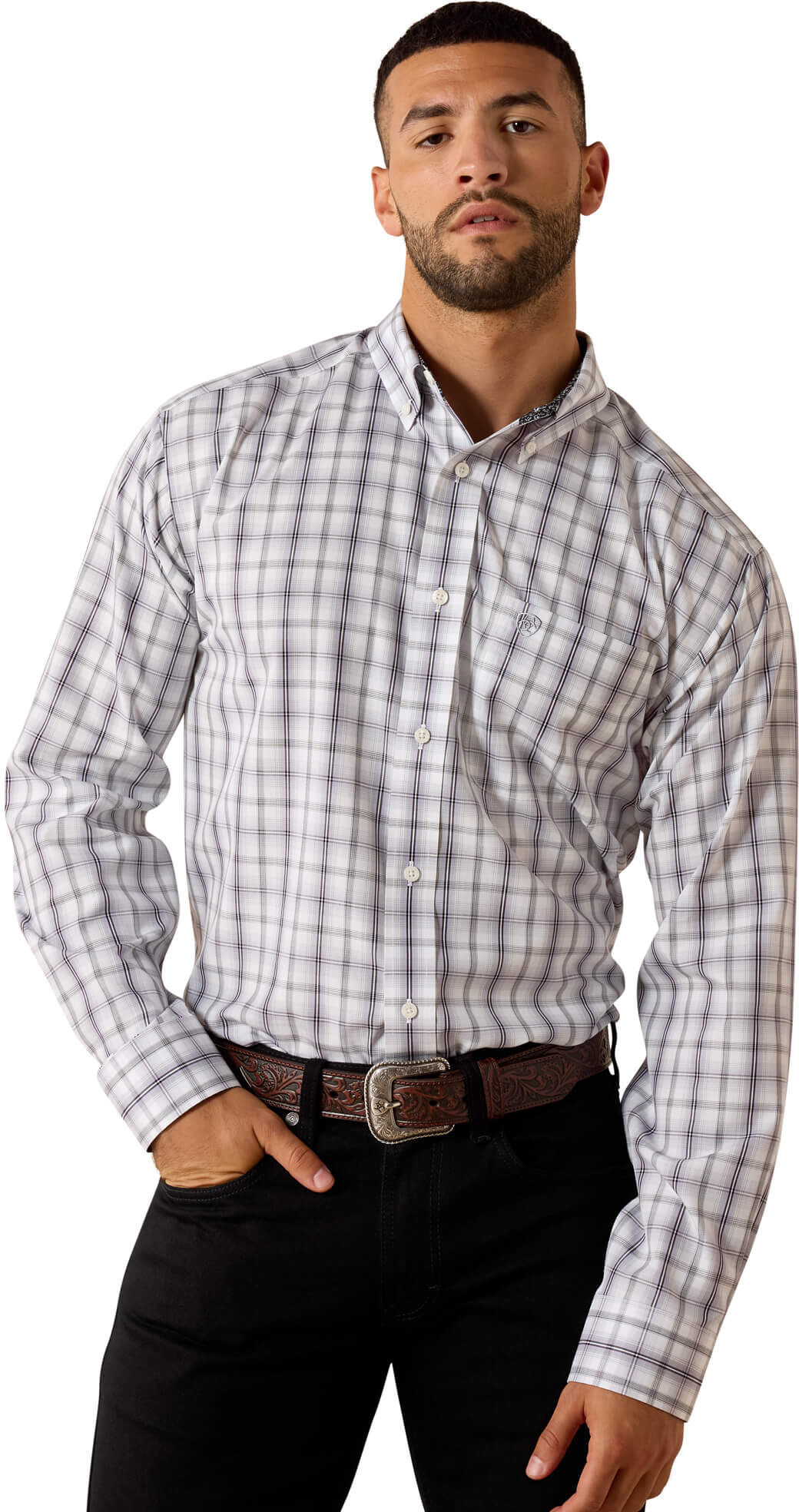 Men's Wrinkle Free Louie Classic Fit Shirt in White Plaid Cotton, Size: L-T by Ariat