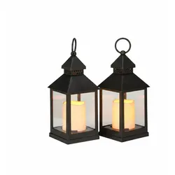 Relaxdays LED Laternen 2er Set, Kerze mit Flammeneffekt, Outdoor geeignet, nostalgische Deko-Laterne, H: 23 cm, schwarz