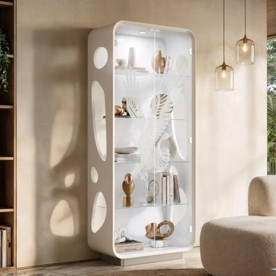 Homsee "74"" Modern Lighted Curio Cabinet with Etched Eagle Glass Doors, White Capsule Display Case with COB Spotlight and Side Cutouts"