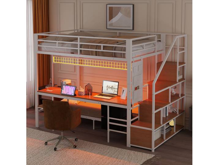Lit Mezzanine Adulte Rangement 140x200 Métal Blanc Havrya