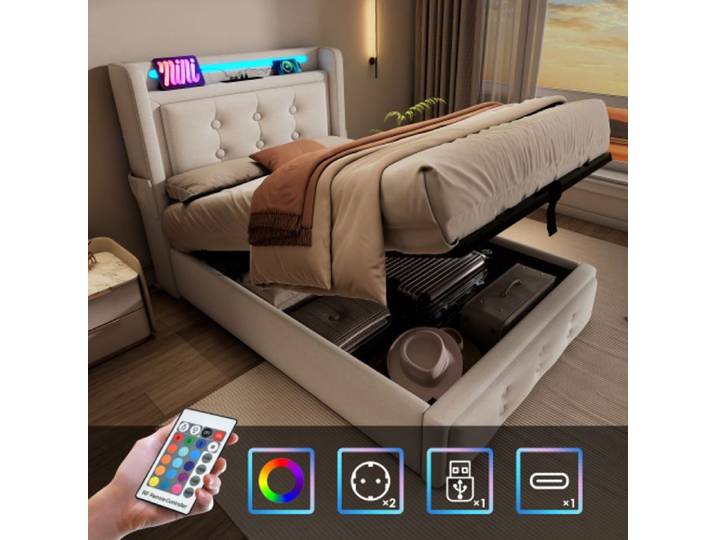 Lit Simple 90x200cm - Rembourré - Éclairage LED - Chargement USB C