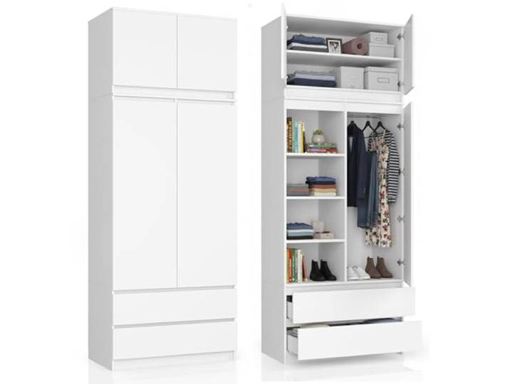 Home Collective Kleiderschrank weiß, Schrank mit 2 Türen und 2 Schubladen, 90cm breit mit Erweiterung auf 234 cm, Kleiderstange, Garderobe, Schlafzimmer, Wohnzimmer