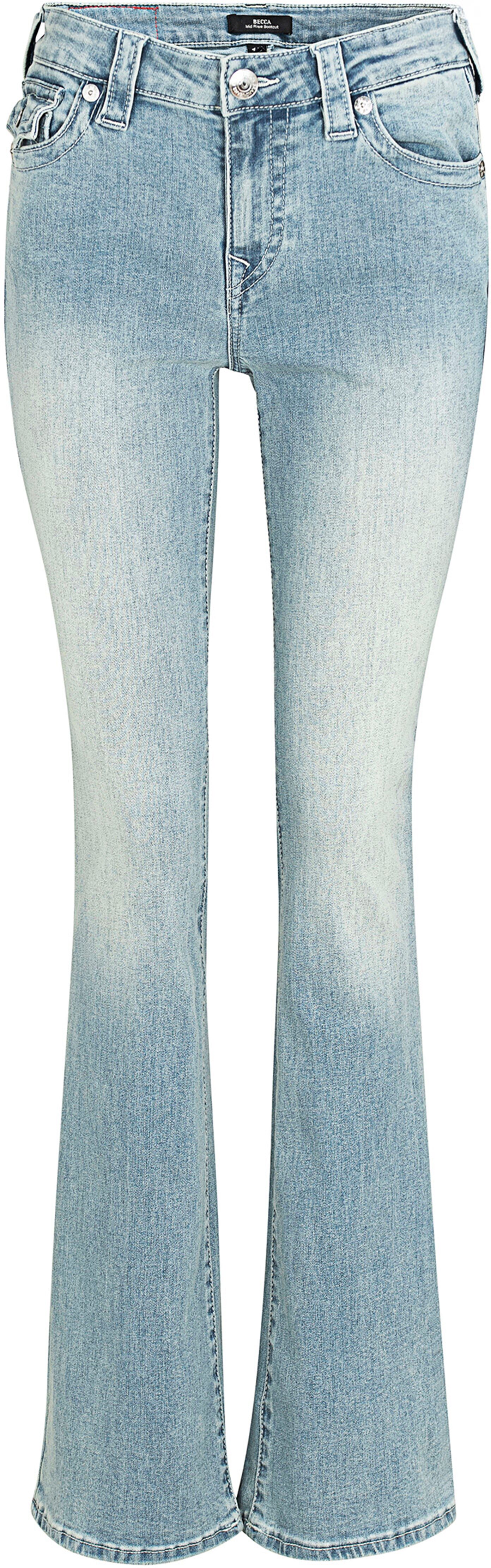 Bootcut-Jeans TRUE RELIGION "BECCA MR BOOTCUT FLAP", Damen, Gr. 27, N-Gr, peak spot, Denim/Jeans, Obermaterial: 70% Baumwolle, 26% Polyester, 3% Viskose, 1% Elasthan, leichte Abriebeffekte, bootcut fit lang, Jeans Bootcut-Jeans, Baumwollmischung, bootcut 