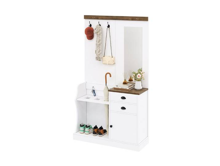 Fine Life Pro Kombikommode Garderobenset mit Spiegel, Haken, Schubladen und Schirmständer.
