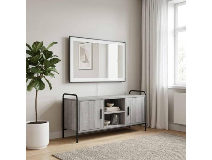 HGFDVCMR TV-Schrank 99x33x50 cm Lowboard Fernsehtisch Sonoma-Grau Stabiles Lowboard aus Holzwerkstoff mit Stahlrahmen und Kippschutz für Wohnzimmer oder Schlafzimmer.