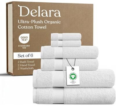 Delara GOTS Certified Organic Cotton Towel Set 6-Piece, Ultra-Plush Spa Towels - 2 Bath, 2 Hand, 2 Washcloths