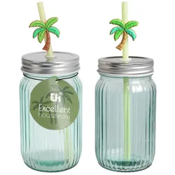 WellHome - Glasbecher mit Deckel und Strohhalm, 450ml in Transparent Grün, 7,8x7,8xH13cm