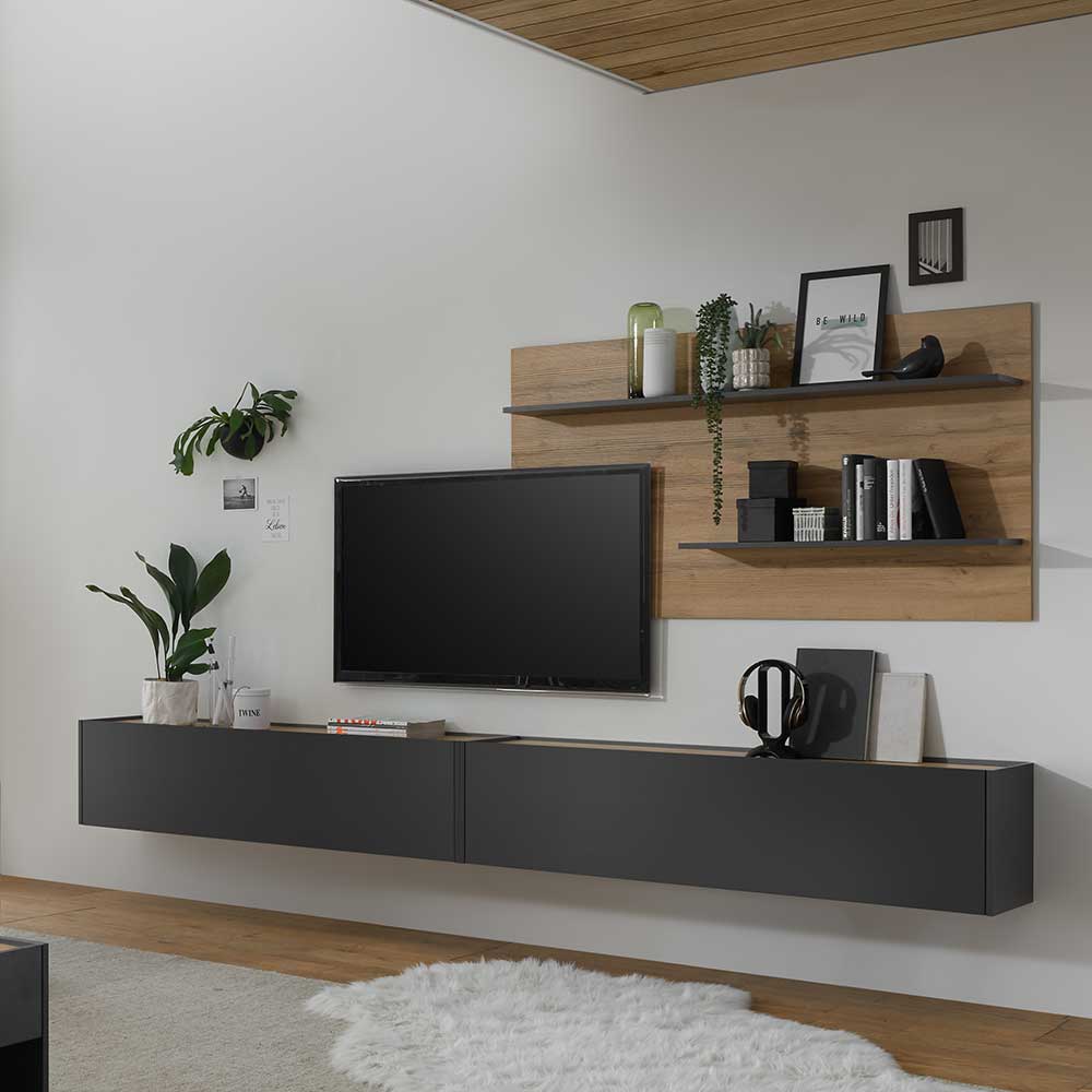 Pharao24.de Wohnzimmer Anbauwand in Anthrazit und Wildeiche Optik 300 cm breit (dreiteilig)