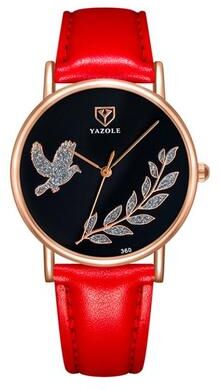 Everyday Crate YAZOLE 360 Womens Leather Watch Dove Of Peace Diamond Quartz Wrist Watch black+red