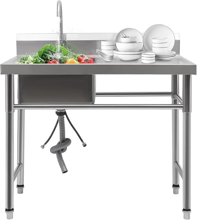 Edelstahl Küchenspüle, 1 Becken Spültisch Gastrospüle Waschtisch Multifunktionswaschtisch Spülbecken Freistehende Gastro Spüle, 100 * 60 * 93cm