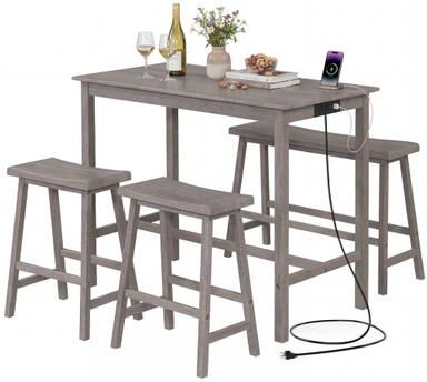 Costway 4-Piece Counter Height Dining Table Set with Power Outlet Solid Rubber Wood Kitchen Table-Gray