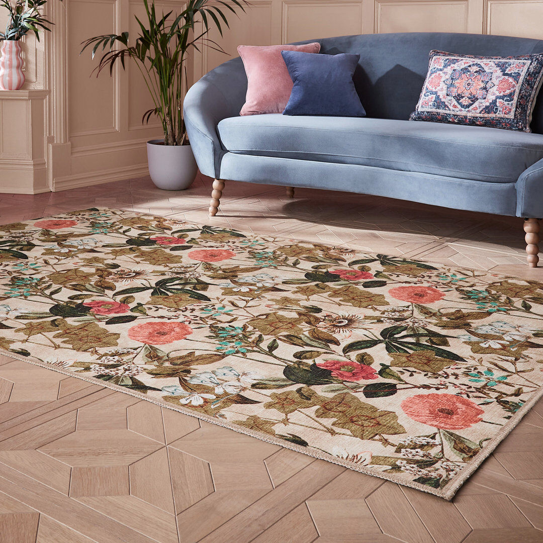 Clarke and Clarke Clarke & Clarke Floral Digitally Printed 76cm X 150cm Area Rug Green/Pink Rectangle 120 x 170 cm