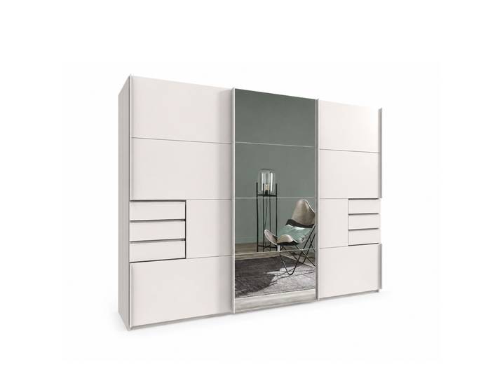 Schwebetürenschrank Kleiderschrank 3-türig 270 cm Weiß mit Spiegel und Schubkästen / 22613