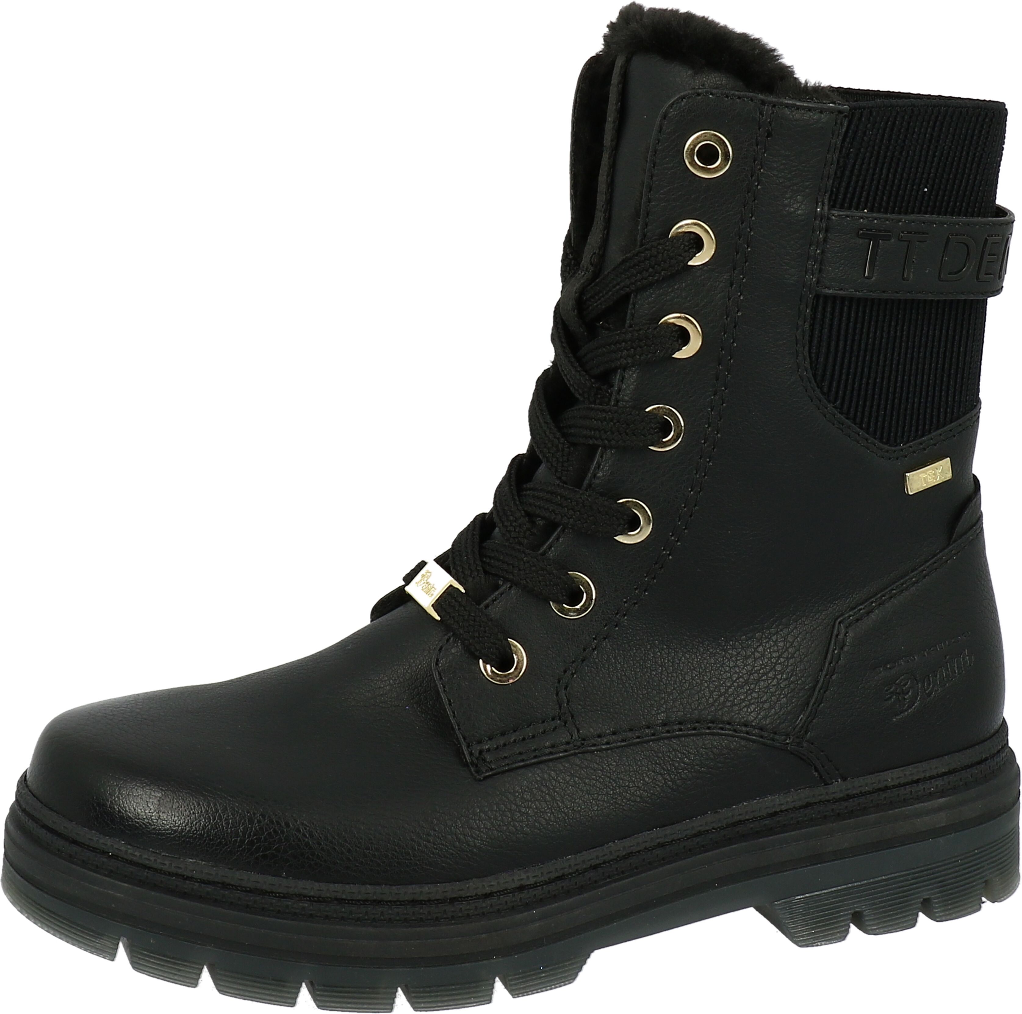 Schnürboots TOM TAILOR, Damen, Gr. 36, Warmfutter, schwarz, Elastischer Einsatz, Lederimitat, Schuhe Schnürboots, Winterstiefel mit Logoprägung an der Ferse schwarz 36, Warmfutter