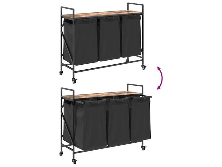 Panier à linge roulant pour trier le linge sale, chariot de rangement facile à transporter, panier à linge avec 3 compartiments et roulettes, chêne fumé