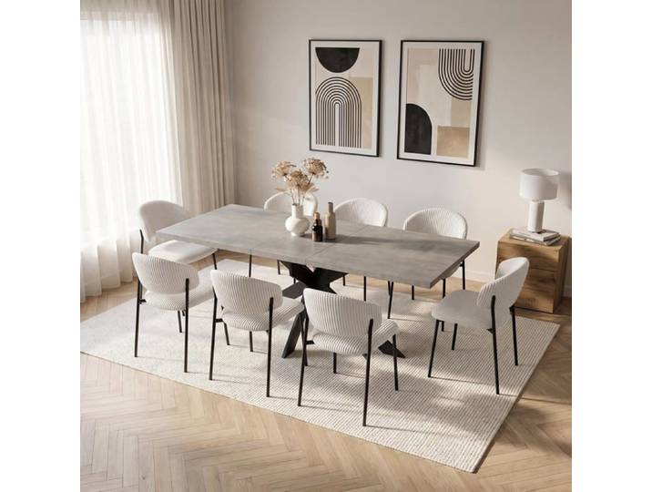 JIEXI Ensemble Table à manger extensible (160-200cm) et 8 chaises en velours côtelé blanc