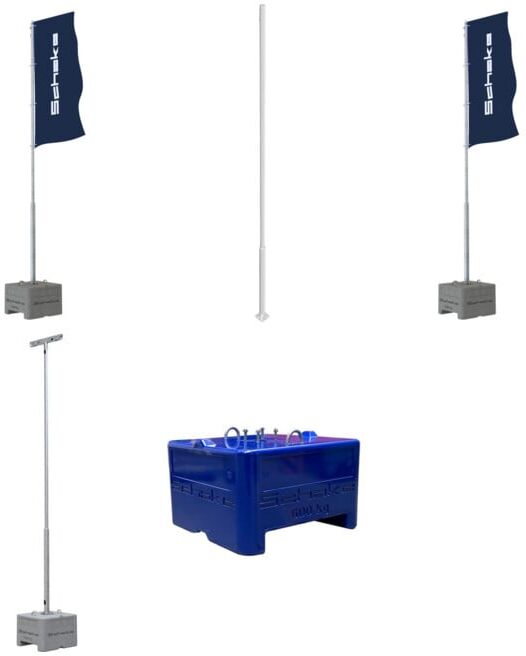 Set Schake Fahnenmast-Set 6m Stahlmast, verzinkt + Schake Lampenmast + Schake Beton-Aufstellvorrichtung, 1000 kg + Schake Ausleger für Fahne + Schake Kameramast-Set 6m mit Traverse