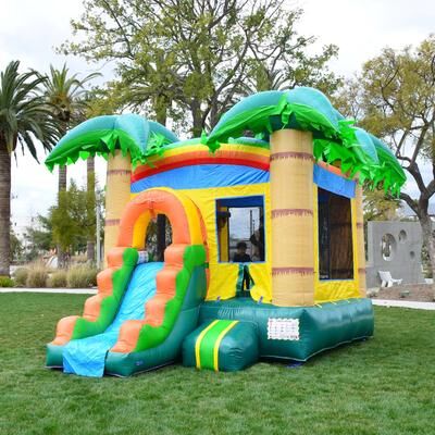 HeroKiddo Tropical Breeze Inflatable Bounce House & Water Slide Combo w/ Air Blower, Lightweight, Outdoor Fun