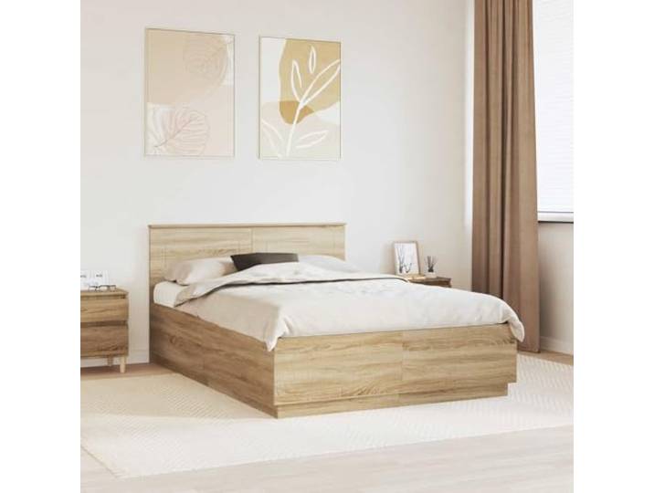 RJPLMFV Bettgestell, Sonoma-Eiche, 140 x 200 cm Holzwerkstoff, verstellbares Kopfteil, Wanddesign, quadratische Füße, pflegeleicht
