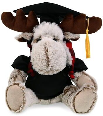 DolliBu Moose with Red Plaid Outfit Graduation Plush with Gown and Cap - 9 inches