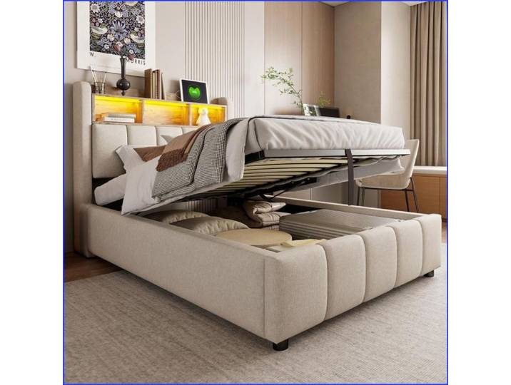 Lit Upholstered 90x200 cm - LED Coloré + USB + Rangement Hydraulique – Beige