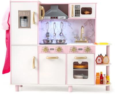 Costway Wooden Kitchen Playset with Ice Maker and Sounds for Ages 3+-Pink