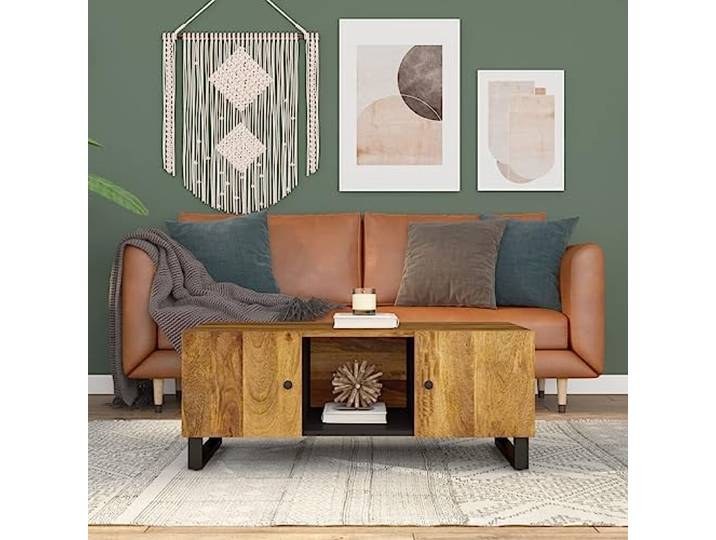 HEFZGDB Massivholz Couchtisch Mango 100x54x40 cm mit 3 Fächern Stauraum & Eisenbeinen Wohnzimmertisch Beistelltisch Hartholz
