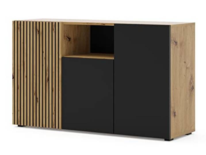 Homlando Kommode AURIS, Sideboard 42x135x82 cm mit 3 Türen, Moderne Wohnzimmer Kommode mit viel Stauraum, Eichenholz Optik für Flur, Büro & Esszimmer, Schwarz/Artisan Eiche