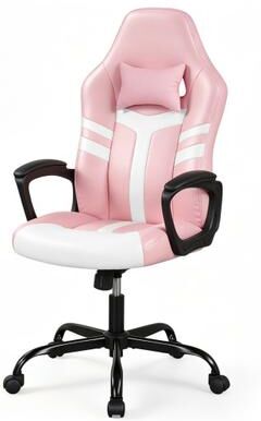 Costway Faux Leather Upholstered Office Chair with Removable Head Pillow and Rocking Function-Pink