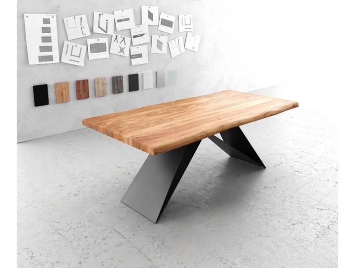 Esstisch Edge 200x100 XL Akazie Natur V-Gestell Flachstahl Schwarz Live-Edge, Esstische, Baumkantenmöbel, Massivholzmöbel, Massivholz