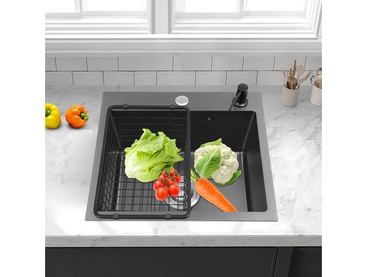Évier en métal noir 45x40 cm, évier de cuisine en acier inoxydable, ensemble d'évier à Double trou avec crépine, tuyau de vidange, panier de vidange, distributeur de savon