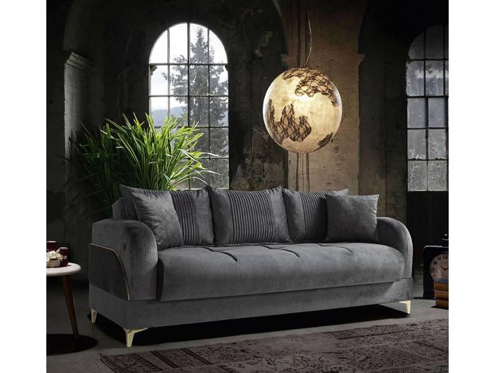 JVmoebel 3-Sitzer Graue Polstercouch aus Stoff mit Edelstahlfüßen in Gold, Made in Europa
