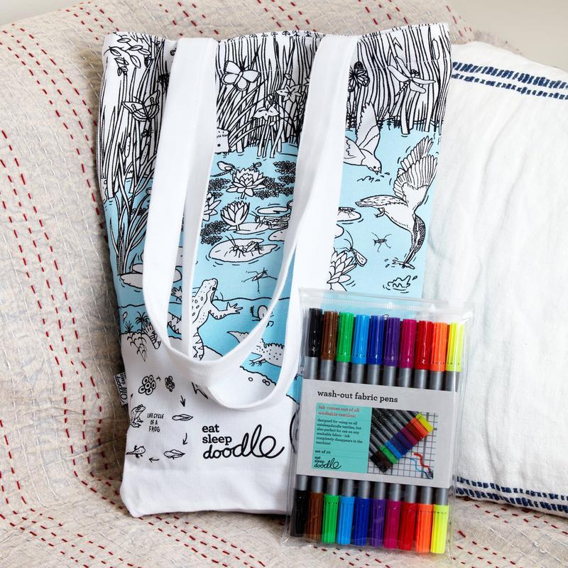 Sac fourre-tout en coton à colorier - Motif "Vie de l'étang"   Eat Sleep Doodle