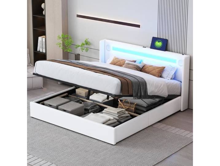 Lit coffre - LEYTN - 160x200cm - Cuir PU - LED - Bluetooth - USB