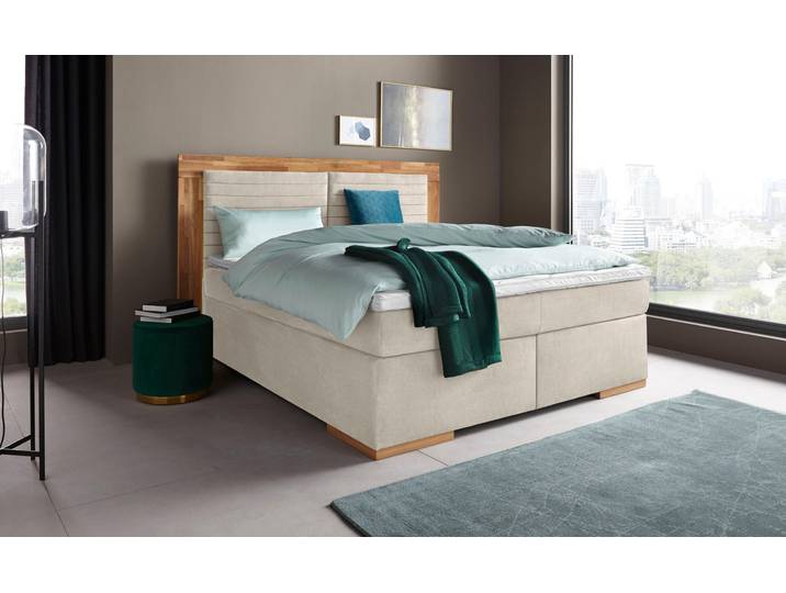 Boxspringbett, Beige, 210x206 cm, Luxus-Microfaser, Mit LED-Beleuchtung, Modern
