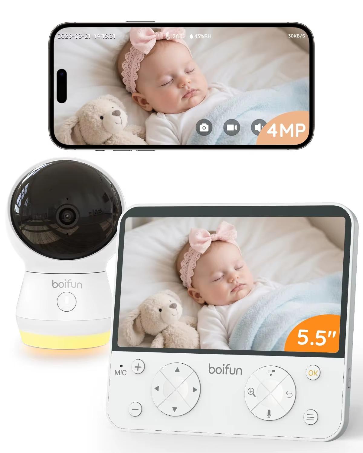 Video-Babyphone mit Kamera - 14 cm 720p-LCD-Display - 4-MP-Kamera - Schwenken/Neigen - 2-Wege-Audio - Nachtsicht bis 10 m - 4000-mAh-Akku
