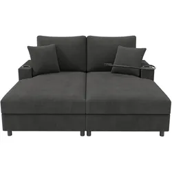 XXL Doppelschlafsofa 163x140x82 Schlafsofa Schlafcouch Cord Bezug mit Schlaffunktion USB USB-C Handyhalter 360° Getränkehalter Kissen Grau