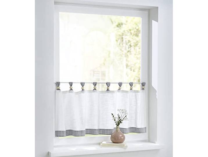Cottage Scheibengardine Bistrogardine weiß grau kariert mit Schlaufen und Holzkugeln,Reine Baumwolle, Landhaus-Gardine Küche, Breite 120 cm x Höhe 35 cm