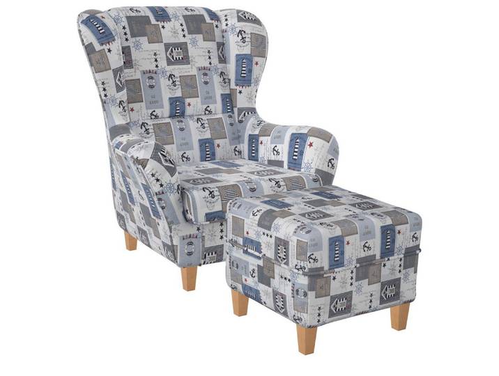 Supellex Ohrensessel Sofia Relaxsessel mit Hocker – Patchwork maritime Motive