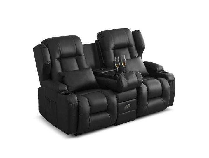 LuxusKollektion TV-Sessel Relaxsessel 2er Kunstleder Schwarz Klappbare Mittelkonsole