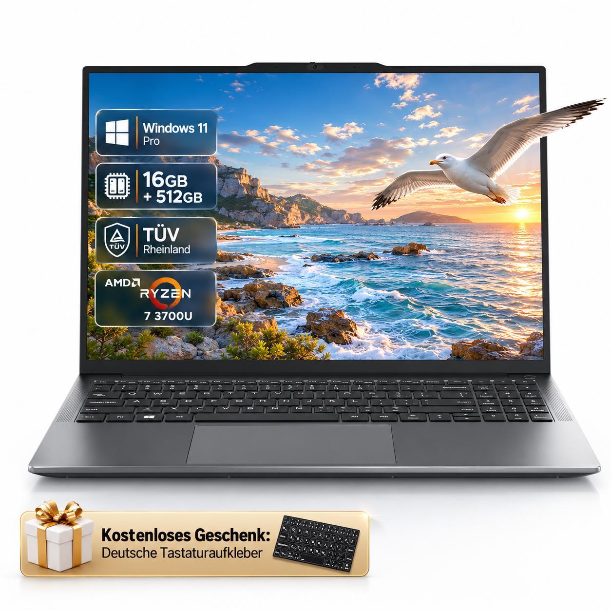 Blackview AceBook 8 Pro, 16" FHD, AMD Ryzen 7 3700U, 16GB RAM, 512GB SSD, Windows 11 Pro, 17,4mm dünn, 1,65kg leicht, Silikon-Tastaturschutz DE