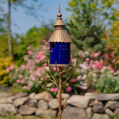 Zaer Ltd. "69"" Tall Iron & Cobalt Blue Porcelain Birdhouse Stake ""Cannes"" - 9.25"" L x 7"" W x 69"" H"