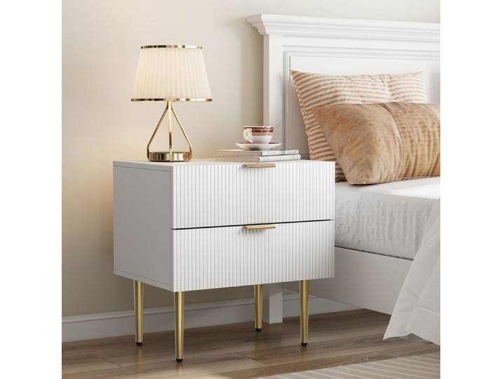 Table de chevet blanche motif ondulé avec 2 tiroirs Table de chevet de chambre à coucher Table de chevet moderne avec pieds en métal