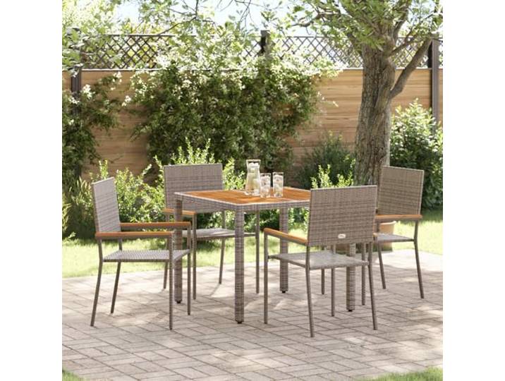 HEFZGDB Garten Esszimmer Set mit 4 Stühlen Graues Poly Rattan und Akazienholzplatte für Balkon Terrasse Outdoor Möbel UV-beständig