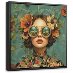 LEINWAND Bilder mit Rahmen - Frau - Blumen - Schmetterlinge - Natur - Vintage - 20x20